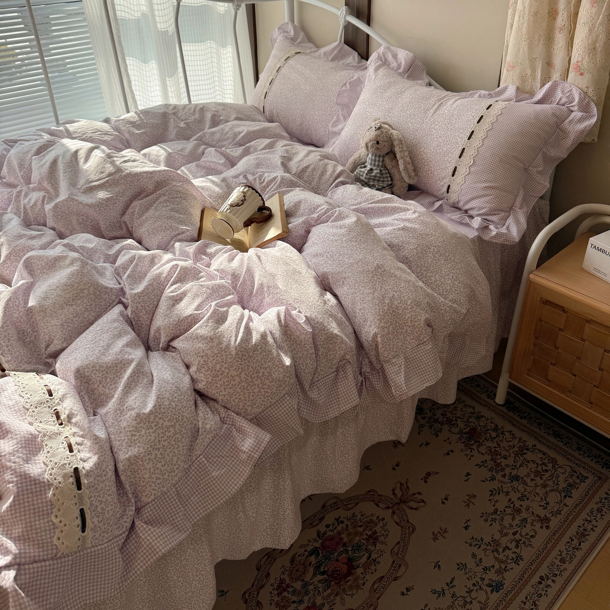 91家纺网 家纺一手货源 找家纺 韩都家居 2026春夏新款韩式小碎花水洗古棉花边四件套 秘境-紫