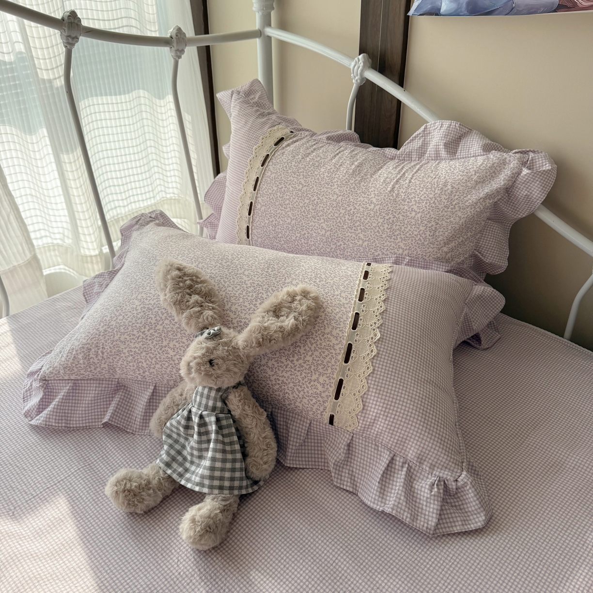 91家纺网 家纺一手货源 找家纺 韩都家居 2026春夏新款韩式小碎花水洗古棉花边四件套 秘境-紫