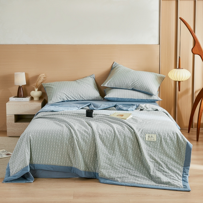 91家纺网 家纺一手货源 找家纺 鸣升家纺 2026新款全棉纯棉麦香提花系列大豆夏被夏凉被空调被 麦香提花条纹绿