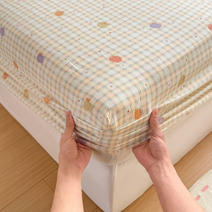 91家纺网 家纺一手货源 找家纺 丝芙妮家居 2026新款四季皱皱棉柔软透气不闷汗木棉床笠单件三件套-系列三 缤纷南瓜