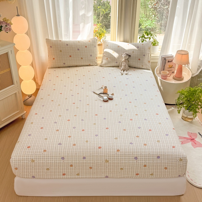 91家纺网 家纺一手货源 找家纺 丝芙妮家居 2026新款四季皱皱棉柔软透气不闷汗木棉床笠单件三件套-系列三 缤纷南瓜