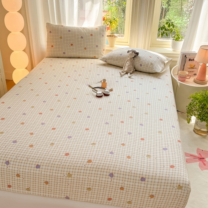 91家纺网 家纺一手货源 找家纺 丝芙妮家居 2026新款四季皱皱棉柔软透气不闷汗木棉床笠单件三件套-系列三 缤纷南瓜