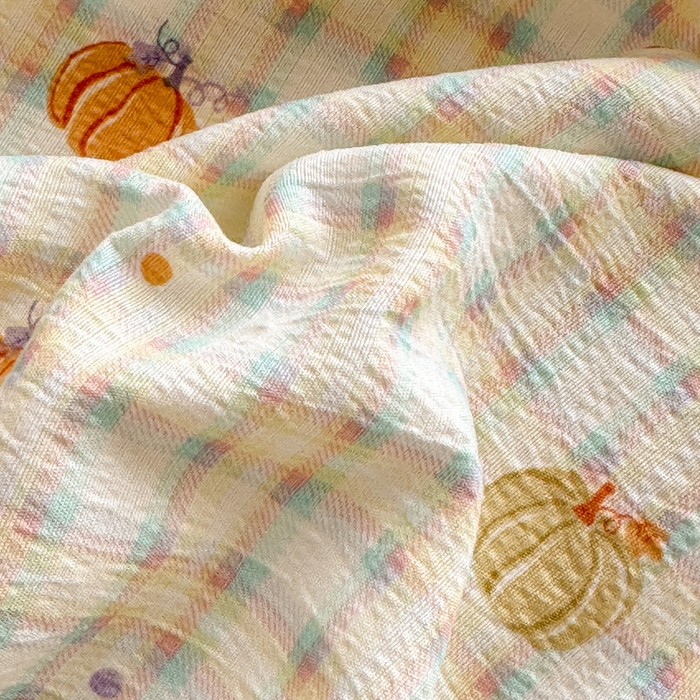 91家纺网 家纺一手货源 找家纺 丝芙妮家居 2026新款四季皱皱棉柔软透气不闷汗木棉床笠单件三件套-系列三 缤纷南瓜