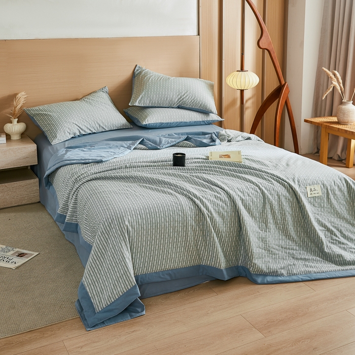 91家纺网 家纺一手货源 找家纺 鸣升家纺 2026新款全棉纯棉麦香提花系列大豆夏被夏凉被空调被 麦香提花条纹绿