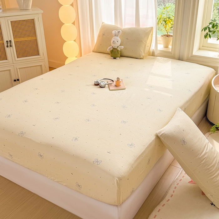 91家纺网 家纺一手货源 找家纺 丝芙妮家居 2026新款四季皱皱棉柔软透气不闷汗木棉床笠单件三件套-系列三 泡芙蝴蝶结