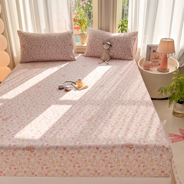 91家纺网 家纺一手货源 找家纺 丝芙妮家居 2026新款四季皱皱棉柔软透气不闷汗木棉床笠单件三件套-系列三 春之约