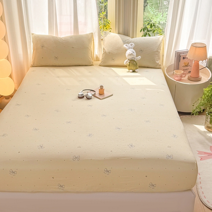 91家纺网 家纺一手货源 找家纺 丝芙妮家居 2026新款四季皱皱棉柔软透气不闷汗木棉床笠单件三件套-系列三 泡芙蝴蝶结