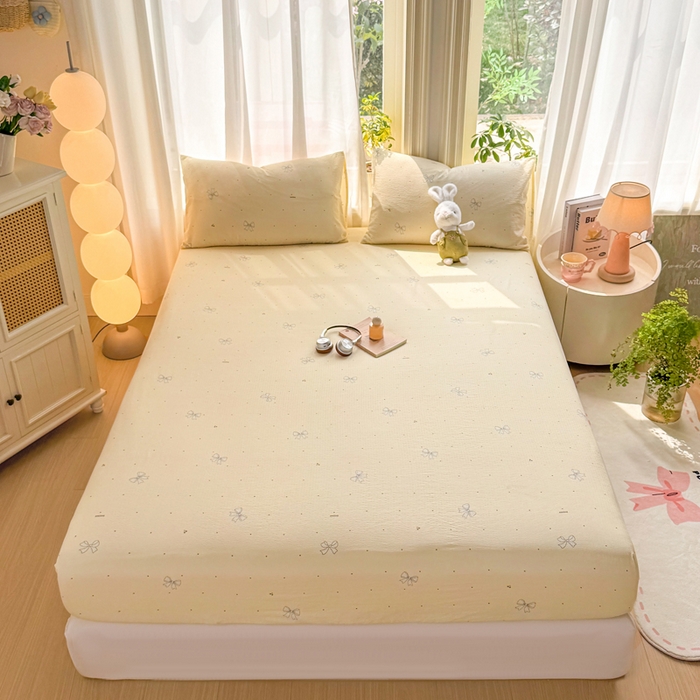 91家纺网 家纺一手货源 找家纺 丝芙妮家居 2026新款四季皱皱棉柔软透气不闷汗木棉床笠单件三件套-系列三 泡芙蝴蝶结