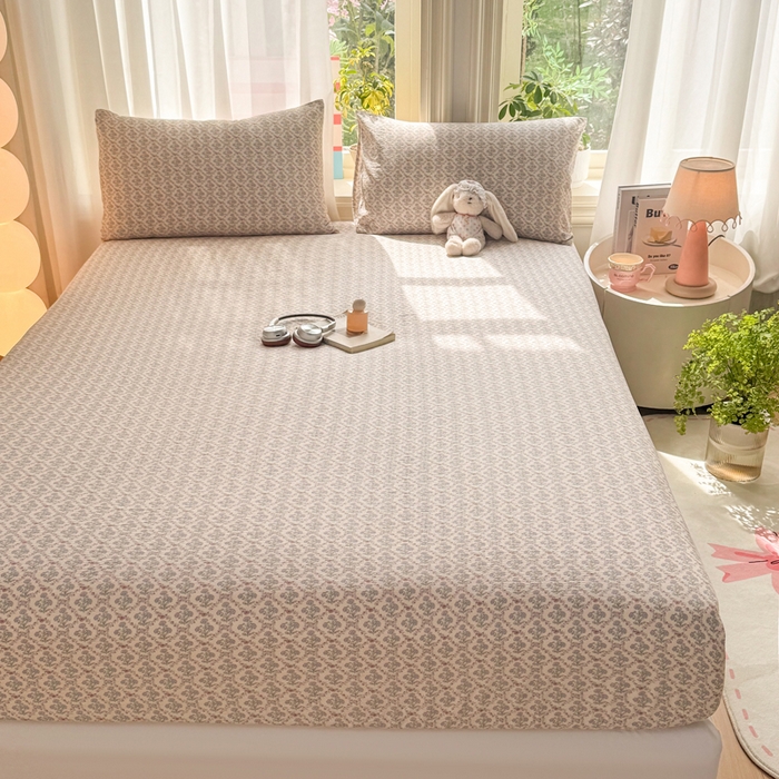 91家纺网 家纺一手货源 找家纺 丝芙妮家居 2026新款四季皱皱棉柔软透气不闷汗木棉床笠单件三件套-系列三 花清梦