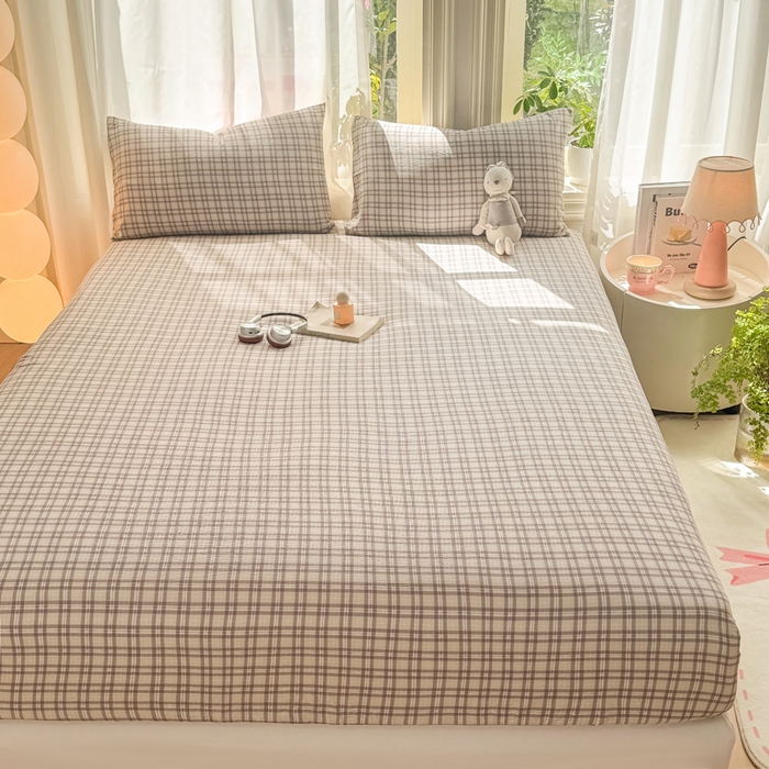 91家纺网 家纺一手货源 找家纺 丝芙妮家居 2026新款四季皱皱棉柔软透气不闷汗木棉床笠单件三件套-系列三 浅川织格