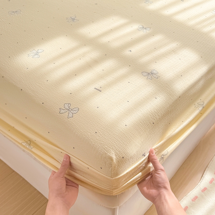 91家纺网 家纺一手货源 找家纺 丝芙妮家居 2026新款四季皱皱棉柔软透气不闷汗木棉床笠单件三件套-系列三 泡芙蝴蝶结