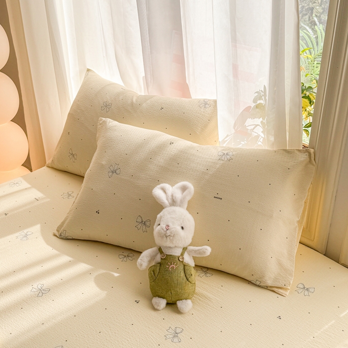 91家纺网 家纺一手货源 找家纺 丝芙妮家居 2026新款四季皱皱棉柔软透气不闷汗木棉床笠单件三件套-系列三 泡芙蝴蝶结