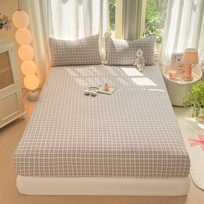 91家纺网 家纺一手货源 找家纺 丝芙妮家居 2026新款四季皱皱棉柔软透气不闷汗木棉床笠单件三件套-系列三 浅川织格