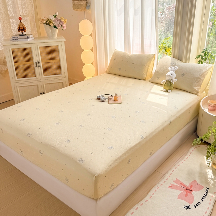 91家纺网 家纺一手货源 找家纺 丝芙妮家居 2026新款四季皱皱棉柔软透气不闷汗木棉床笠单件三件套-系列三 泡芙蝴蝶结