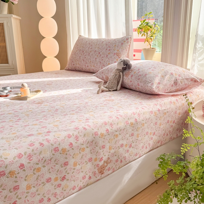 91家纺网 家纺一手货源 找家纺 丝芙妮家居 2026新款四季皱皱棉柔软透气不闷汗木棉床笠单件三件套-系列三 春之约