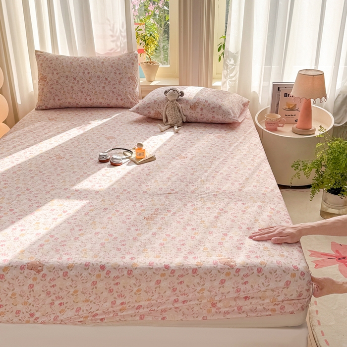 91家纺网 家纺一手货源 找家纺 丝芙妮家居 2026新款四季皱皱棉柔软透气不闷汗木棉床笠单件三件套-系列三 春之约