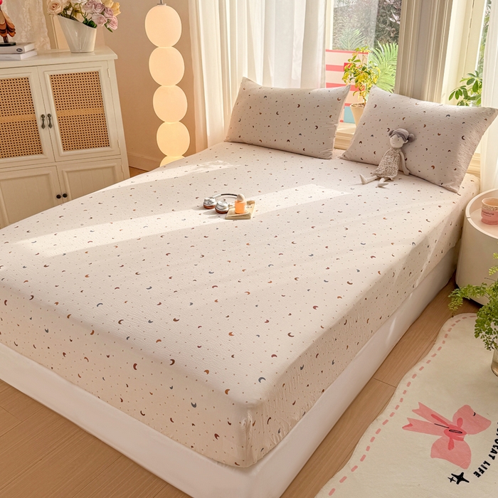 91家纺网 家纺一手货源 找家纺 丝芙妮家居 2026新款四季皱皱棉柔软透气不闷汗木棉床笠单件三件套-系列三 星月点点