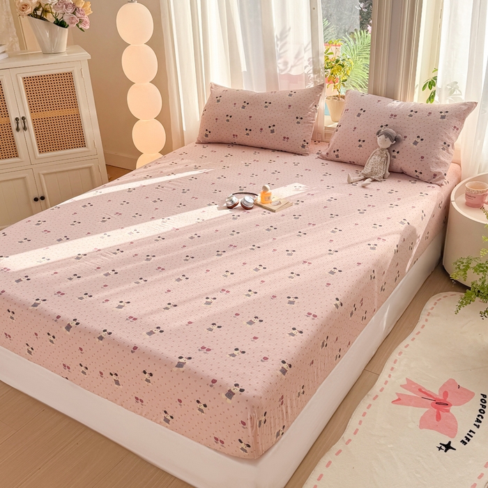 91家纺网 家纺一手货源 找家纺 丝芙妮家居 2026新款四季皱皱棉柔软透气不闷汗木棉床笠单件三件套-系列三 花枝狗狗