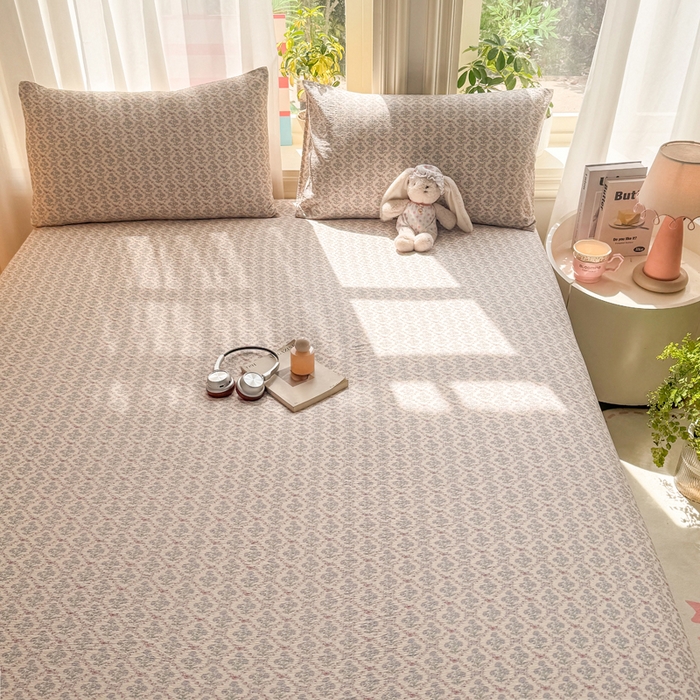 91家纺网 家纺一手货源 找家纺 丝芙妮家居 2026新款四季皱皱棉柔软透气不闷汗木棉床笠单件三件套-系列三 花清梦