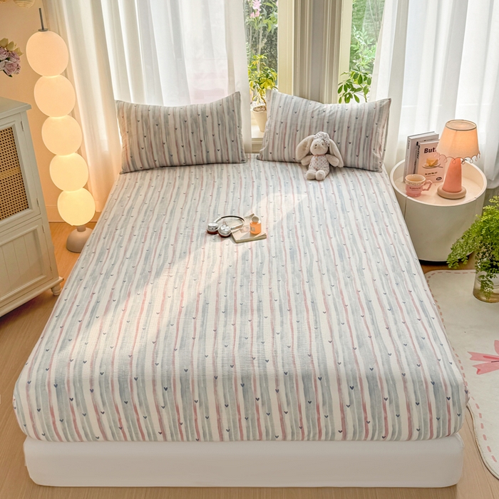 91家纺网 家纺一手货源 找家纺 丝芙妮家居 2026新款四季皱皱棉柔软透气不闷汗木棉床笠单件三件套-系列三 晚安甜心