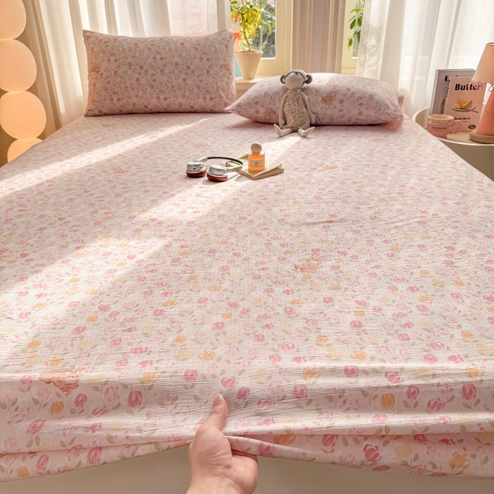 91家纺网 家纺一手货源 找家纺 丝芙妮家居 2026新款四季皱皱棉柔软透气不闷汗木棉床笠单件三件套-系列三 春之约