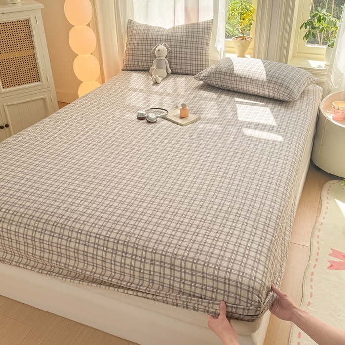 91家纺网 家纺一手货源 找家纺 丝芙妮家居 2026新款四季皱皱棉柔软透气不闷汗木棉床笠单件三件套-系列三 浅川织格