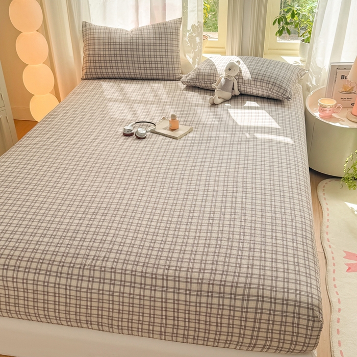 91家纺网 家纺一手货源 找家纺 丝芙妮家居 2026新款四季皱皱棉柔软透气不闷汗木棉床笠单件三件套-系列三 浅川织格