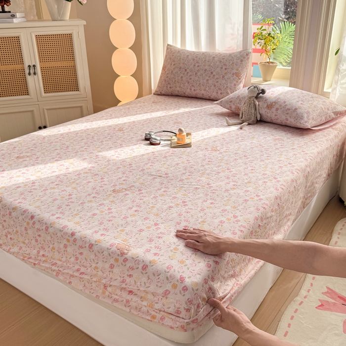 91家纺网 家纺一手货源 找家纺 丝芙妮家居 2026新款四季皱皱棉柔软透气不闷汗木棉床笠单件三件套-系列三 春之约