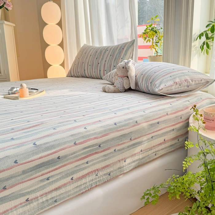 91家纺网 家纺一手货源 找家纺 丝芙妮家居 2026新款四季皱皱棉柔软透气不闷汗木棉床笠单件三件套-系列三 晚安甜心