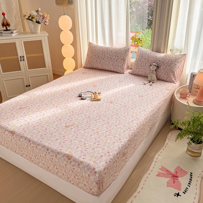 91家纺网 家纺一手货源 找家纺 丝芙妮家居 2026新款四季皱皱棉柔软透气不闷汗木棉床笠单件三件套-系列三 春之约