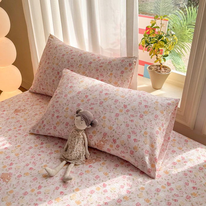 91家纺网 家纺一手货源 找家纺 丝芙妮家居 2026新款四季皱皱棉柔软透气不闷汗木棉床笠单件三件套-系列三 春之约