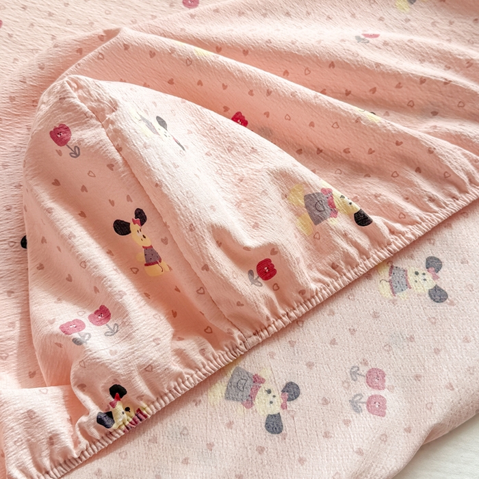 91家纺网 家纺一手货源 找家纺 丝芙妮家居 2026新款四季皱皱棉柔软透气不闷汗木棉床笠单件三件套-系列三 花枝狗狗