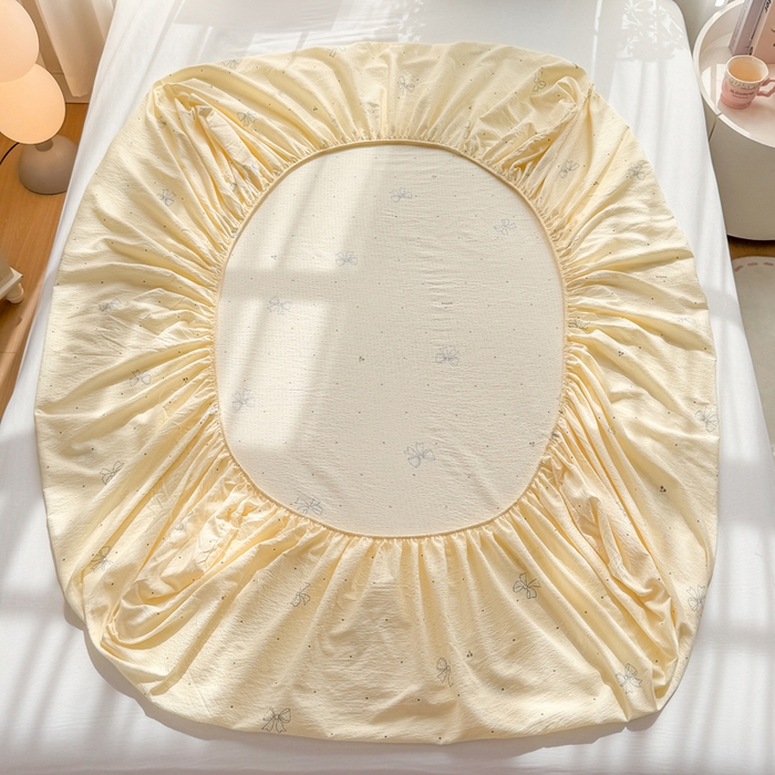 91家纺网 家纺一手货源 找家纺 丝芙妮家居 2026新款四季皱皱棉柔软透气不闷汗木棉床笠单件三件套-系列三 泡芙蝴蝶结