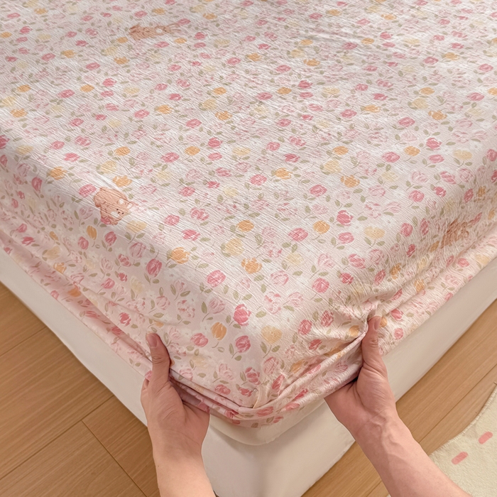 91家纺网 家纺一手货源 找家纺 丝芙妮家居 2026新款四季皱皱棉柔软透气不闷汗木棉床笠单件三件套-系列三 春之约