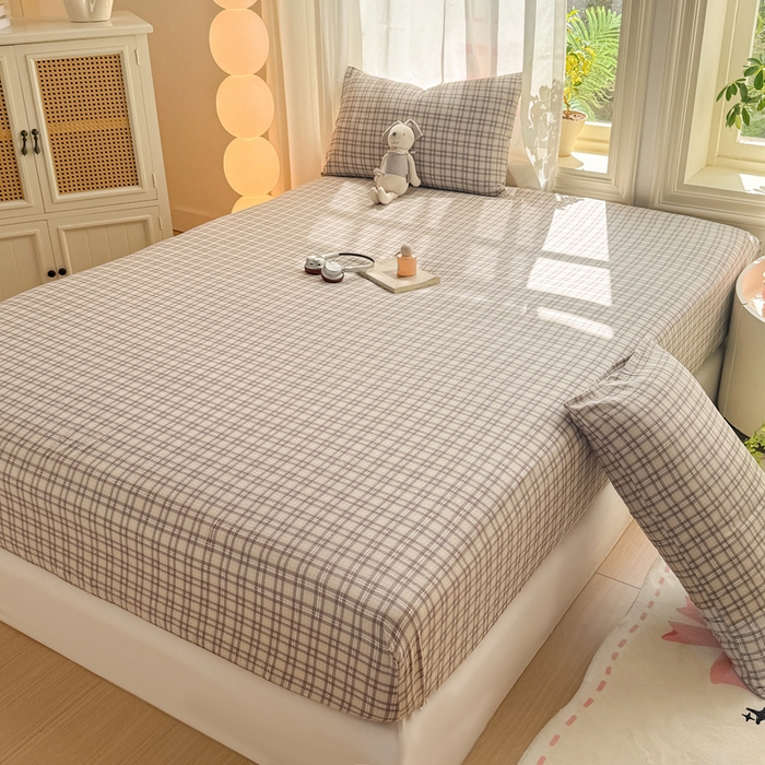 91家纺网 家纺一手货源 找家纺 丝芙妮家居 2026新款四季皱皱棉柔软透气不闷汗木棉床笠单件三件套-系列三 浅川织格