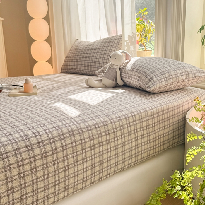 91家纺网 家纺一手货源 找家纺 丝芙妮家居 2026新款四季皱皱棉柔软透气不闷汗木棉床笠单件三件套-系列三 浅川织格