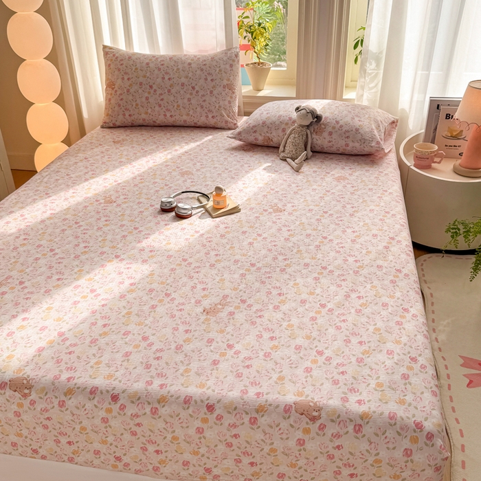 91家纺网 家纺一手货源 找家纺 丝芙妮家居 2026新款四季皱皱棉柔软透气不闷汗木棉床笠单件三件套-系列三 春之约