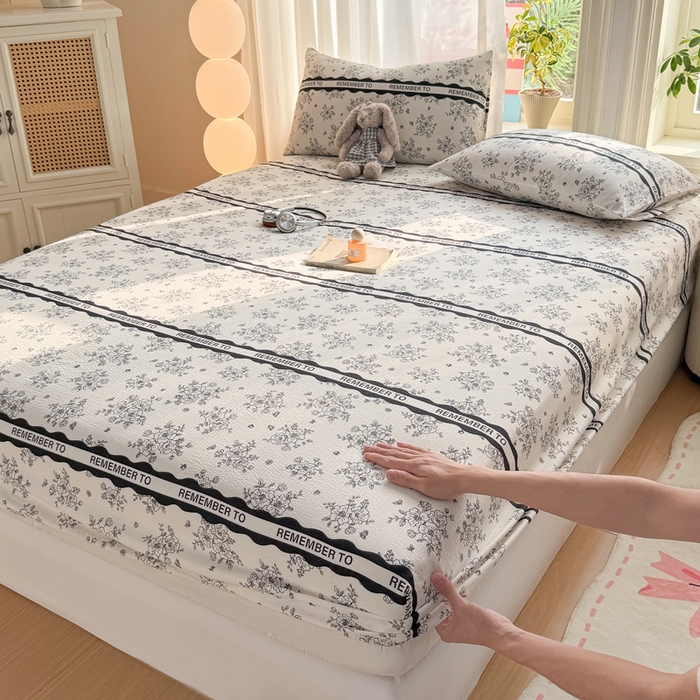 91家纺网 家纺一手货源 找家纺 丝芙妮家居 2026新款四季皱皱棉柔软透气不闷汗木棉床笠单件三件套-系列三 素描花海