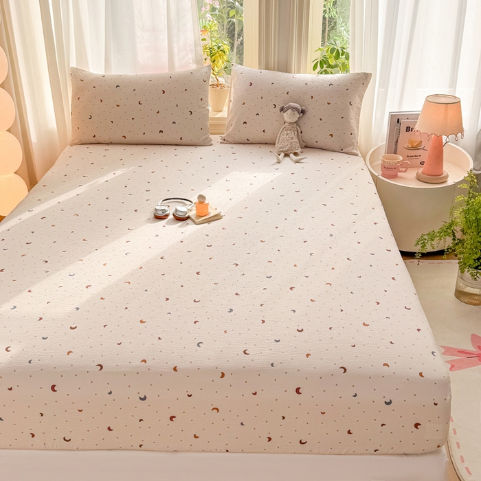 91家纺网 家纺一手货源 找家纺 丝芙妮家居 2026新款四季皱皱棉柔软透气不闷汗木棉床笠单件三件套-系列三 星月点点