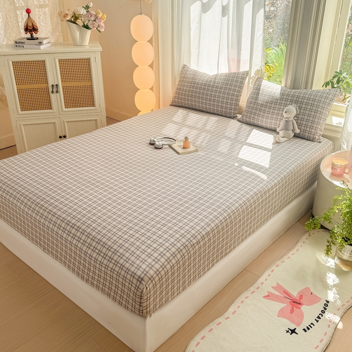 91家纺网 家纺一手货源 找家纺 丝芙妮家居 2026新款四季皱皱棉柔软透气不闷汗木棉床笠单件三件套-系列三 浅川织格