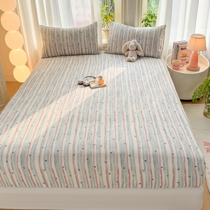 91家纺网 家纺一手货源 找家纺 丝芙妮家居 2026新款四季皱皱棉柔软透气不闷汗木棉床笠单件三件套-系列三 晚安甜心