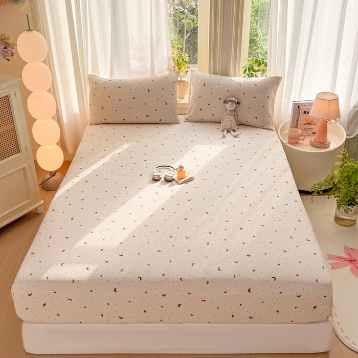 91家纺网 家纺一手货源 找家纺 丝芙妮家居 2026新款四季皱皱棉柔软透气不闷汗木棉床笠单件三件套-系列三 星月点点