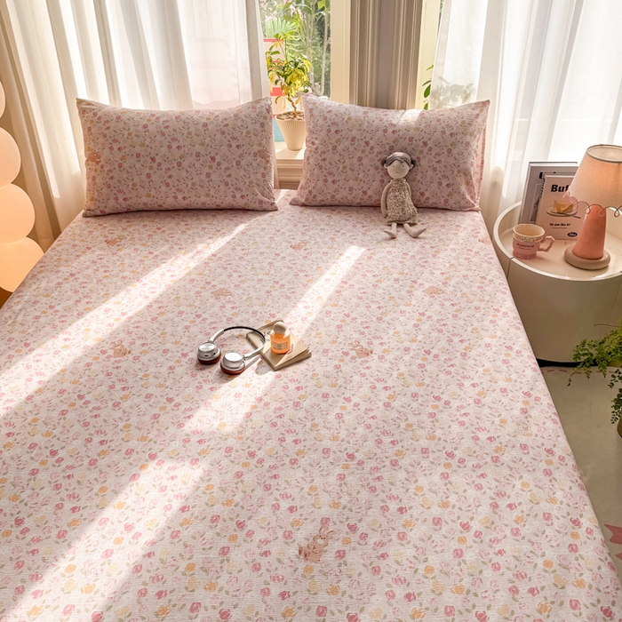 91家纺网 家纺一手货源 找家纺 丝芙妮家居 2026新款四季皱皱棉柔软透气不闷汗木棉床笠单件三件套-系列三 春之约