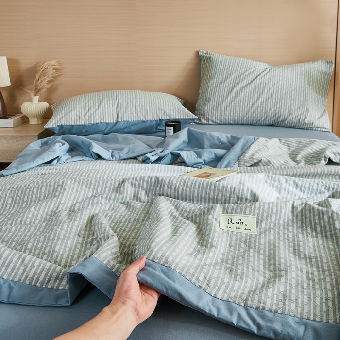 91家纺网 家纺一手货源 找家纺 鸣升家纺 2026新款全棉纯棉麦香提花系列大豆夏被夏凉被空调被 麦香提花条纹绿