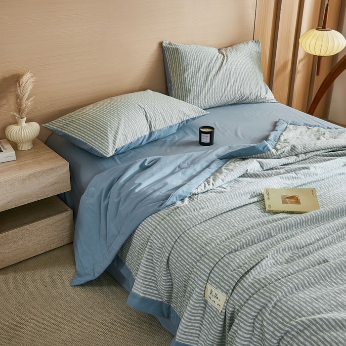 91家纺网 家纺一手货源 找家纺 鸣升家纺 2026新款全棉纯棉麦香提花系列大豆夏被夏凉被空调被 麦香提花条纹绿