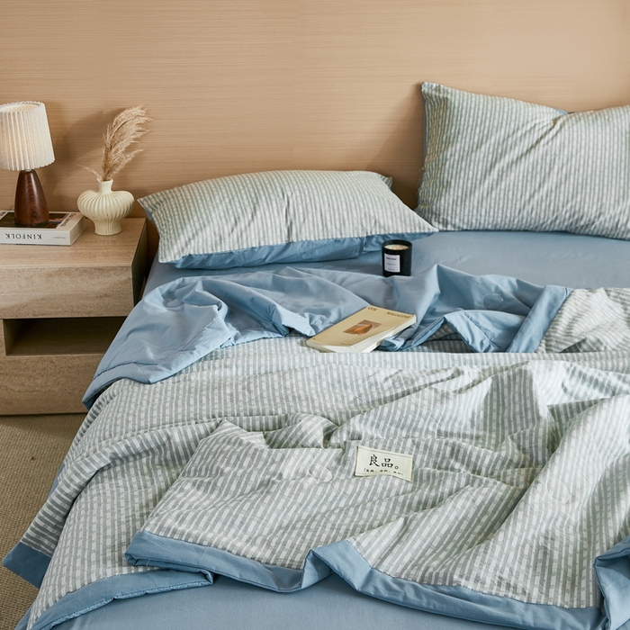 91家纺网 家纺一手货源 找家纺 鸣升家纺 2026新款全棉纯棉麦香提花系列大豆夏被夏凉被空调被 麦香提花条纹绿