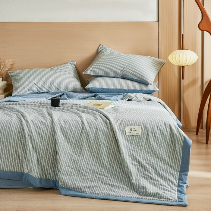 91家纺网 家纺一手货源 找家纺 鸣升家纺 2026新款全棉纯棉麦香提花系列大豆夏被夏凉被空调被 麦香提花条纹绿