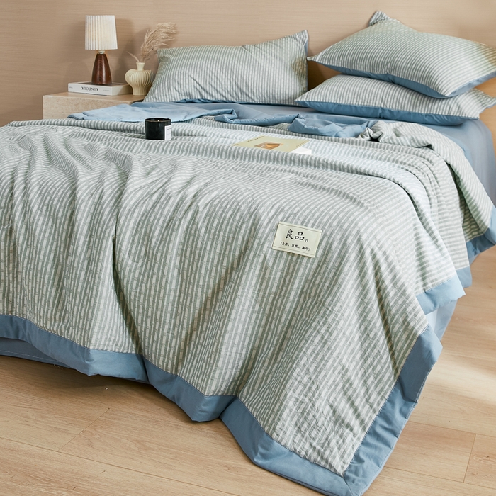 91家纺网 家纺一手货源 找家纺 鸣升家纺 2026新款全棉纯棉麦香提花系列大豆夏被夏凉被空调被 麦香提花条纹绿