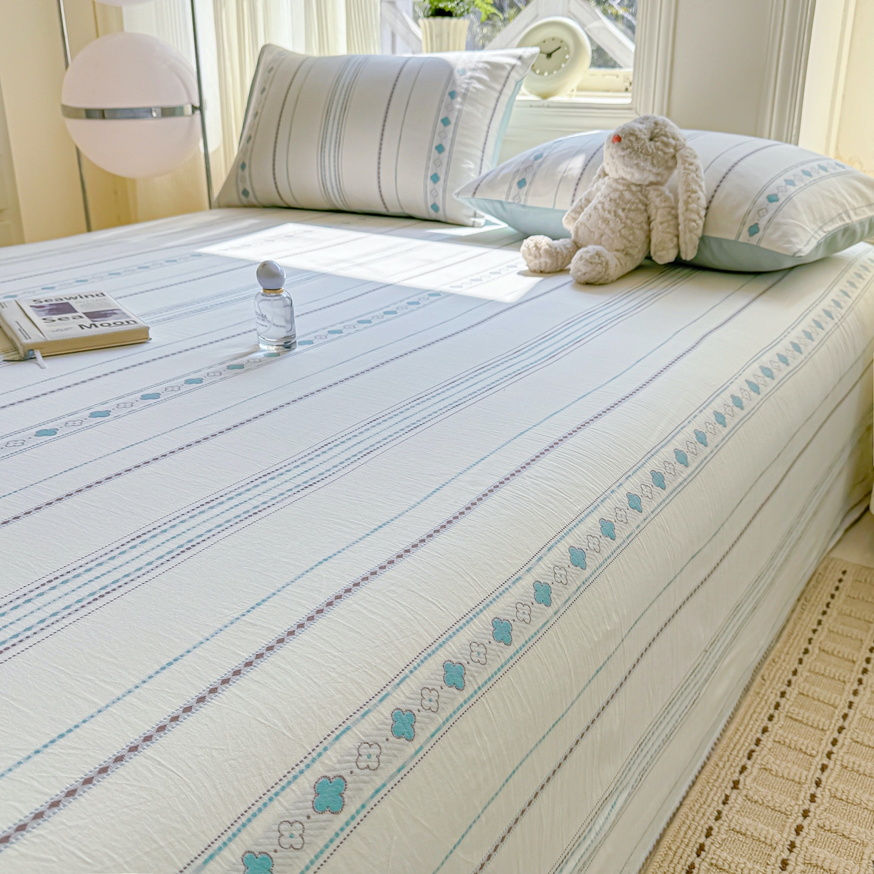 91家纺网 家纺一手货源 找家纺 灰鲸 2026新款全棉纯棉色织提花床单单床单床单单件 四叶星语-蓝