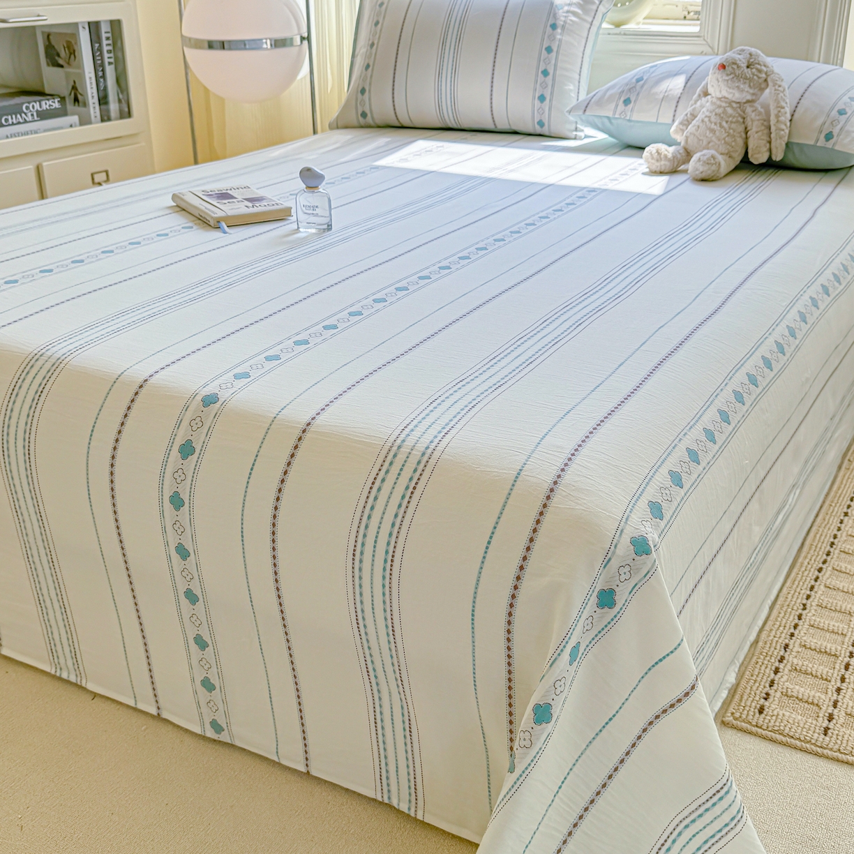 91家纺网 家纺一手货源 找家纺 灰鲸 2026新款全棉纯棉色织提花床单单床单床单单件 四叶星语-蓝